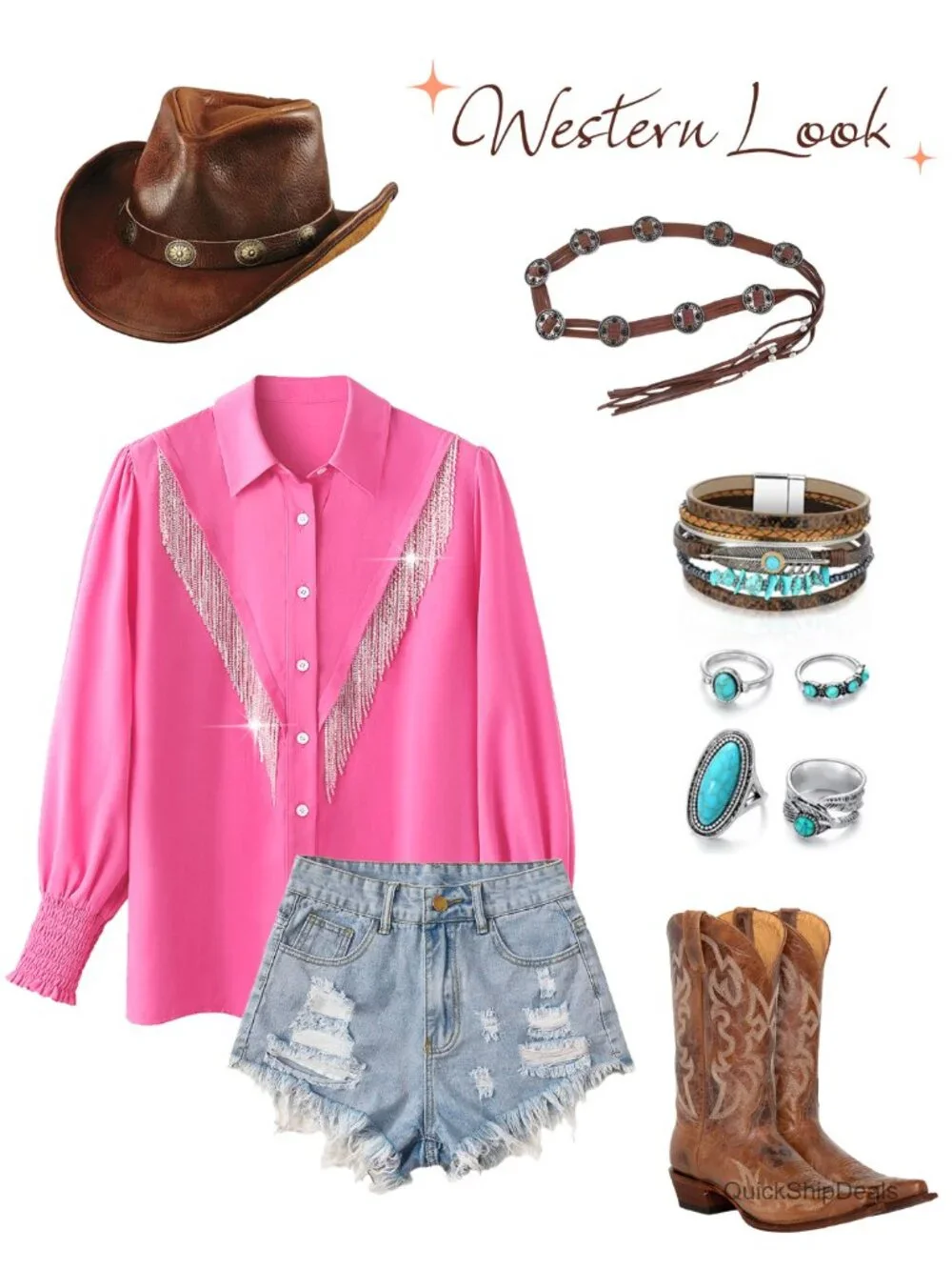 Sparkly Fringe Western Cowgirl Button Down Shirt Long Sleeve Smocked Cuff